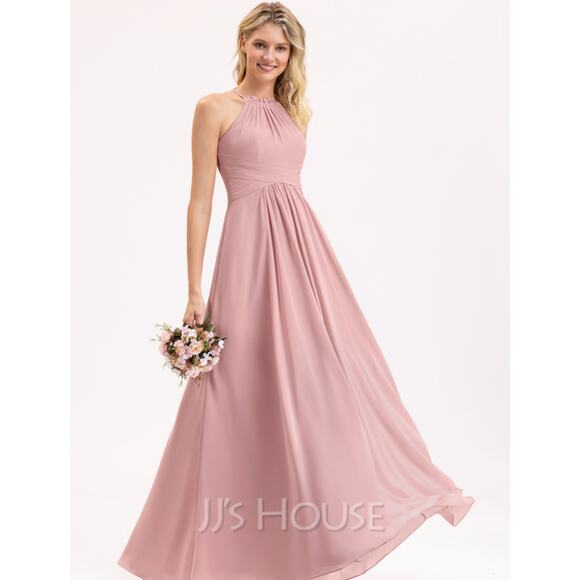 JJ’s House A-Line‎ Scoop Floor-Length Chiffon Bridesmaid Dress, Blush Pink Sz 8 - Picture 2 of 12